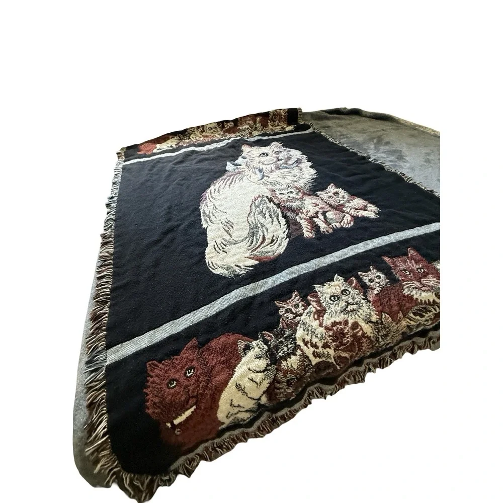 Vintage 90s Tapestry Throw Blanket Playful Cats Persian Cat w/ Fringe 1992